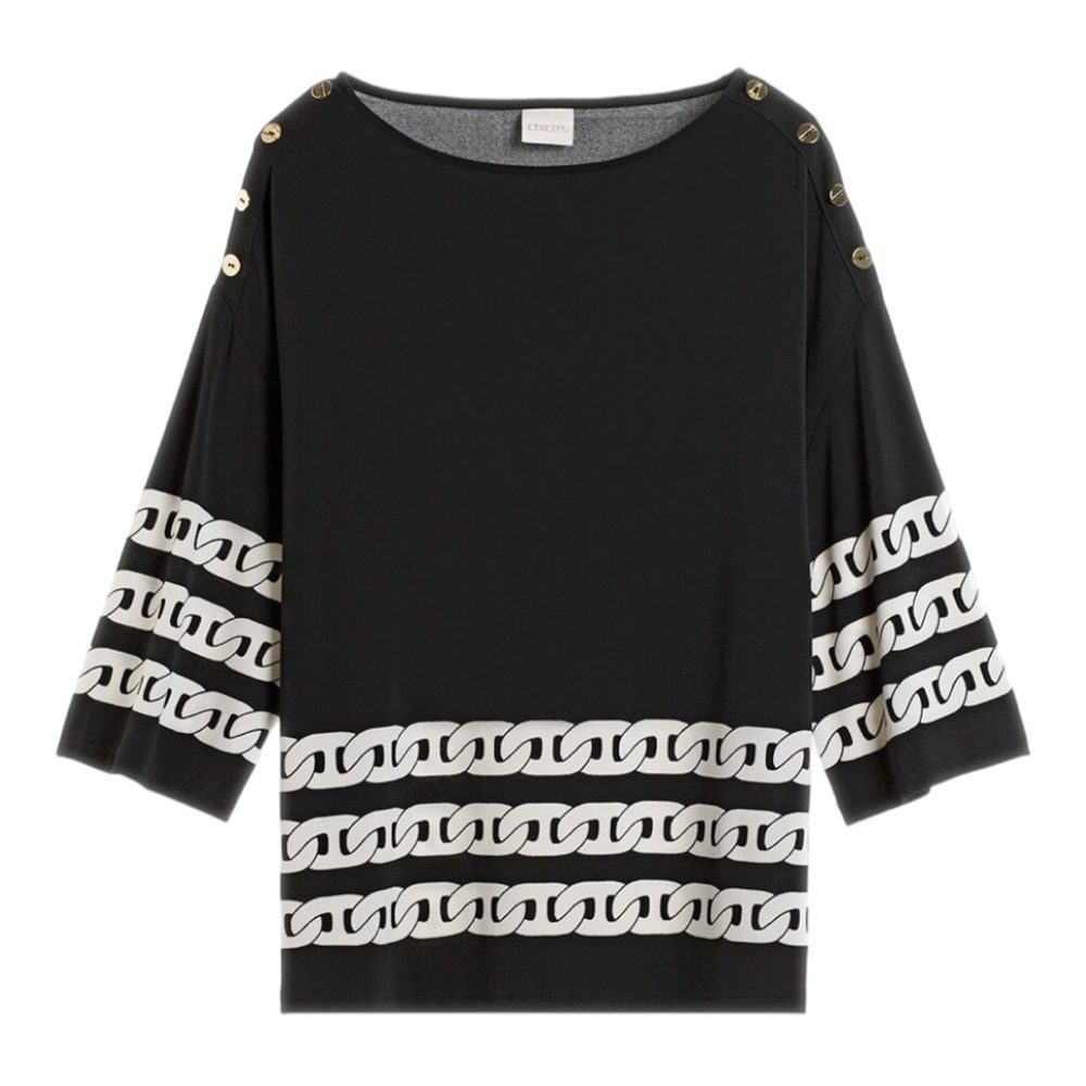 Chicos Black White Knit Chain Majestic Button Sleeve 3/4 Sleeve Top Size Small